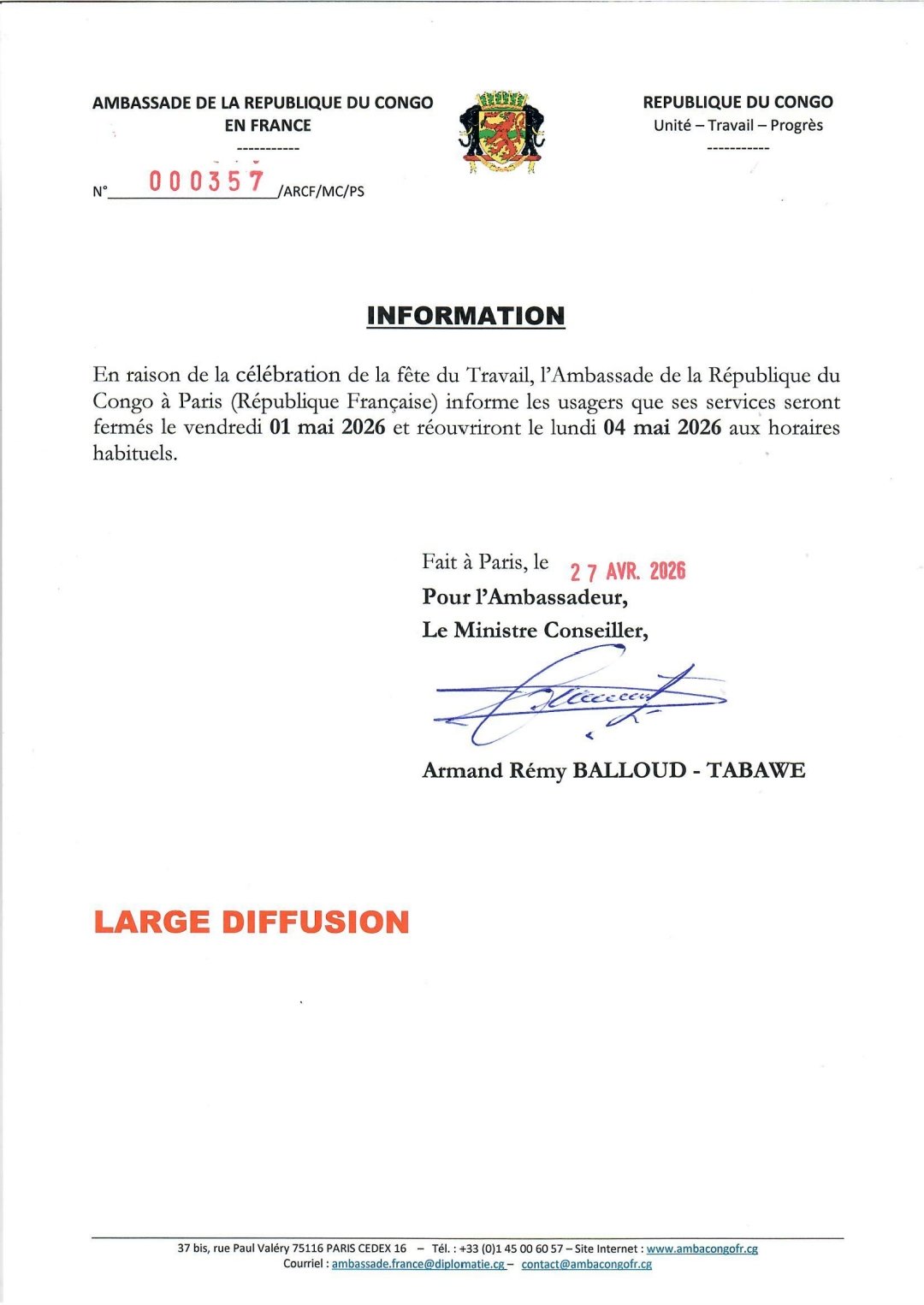 Journée du vendredi 1er mai 2026