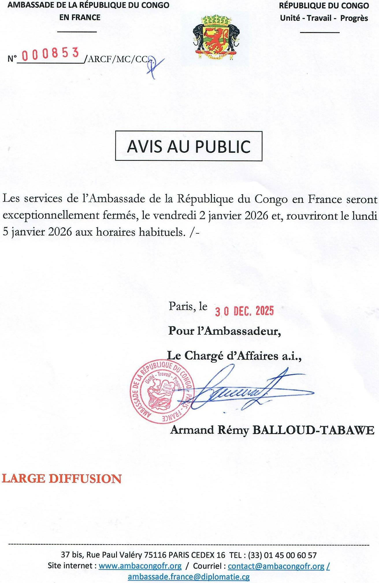 Journée du 2 janvier 2026 à l'Ambassade de la République du Congo en France